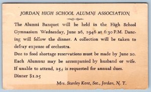 1946 JORDAN NEW YORK HIGH SCHOOL ALUMNI ASSOCIATION BANQUET INVITATION POSTCARD