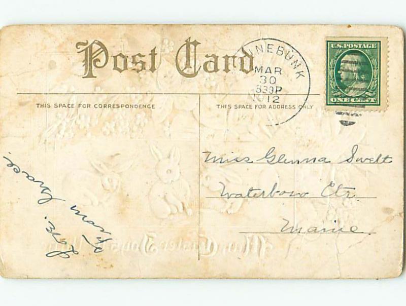 Divided-Back easter BUNNY RABBITS WITH PINK & BLUE FLOWERS r3224