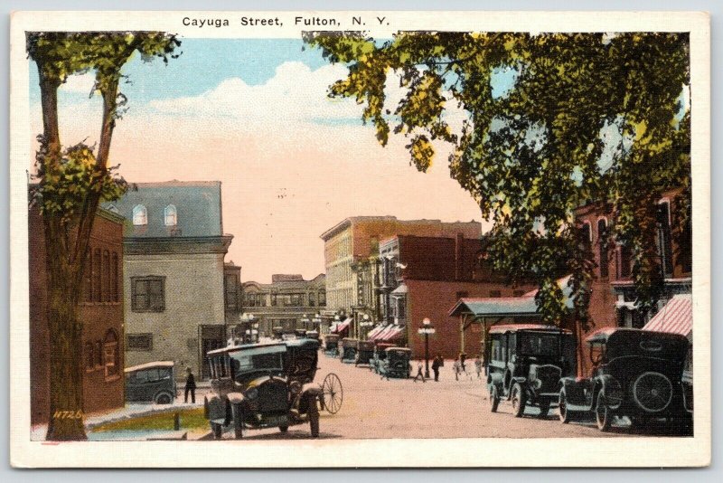 Fulton New York~Vintage Cars Line Cayuga Street~Stores & Business~1920s Postcard 