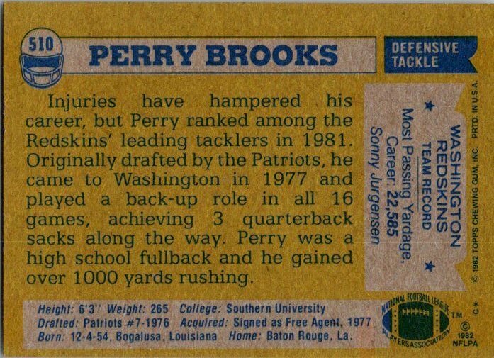 1982 Topps Football Card Perry Brooks Washington Redskins sk8963