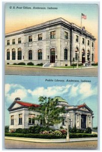 c1930's US Post Office And Public Library Anderson Indiana IN Dual View Postcard