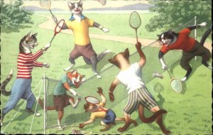 Fantasy Dressed Animals Cats Tennis Mainzer Vintage Postcard