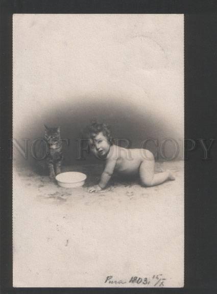 119357 Baby Kid w/ KITTY Pussy Vintage PHOTO PC