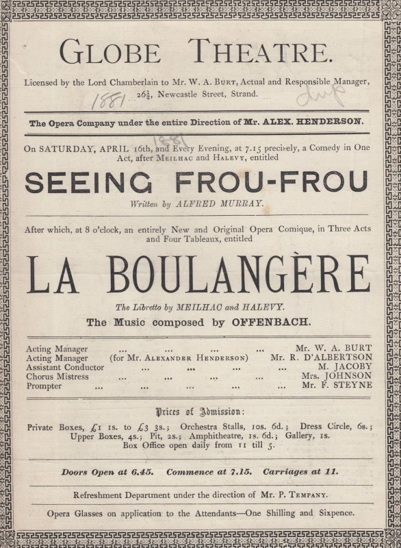 La Boulangere Comic Opera 1881 Victorian Globe Theatre Programme