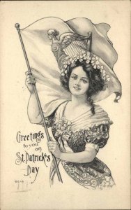 St. Patrick's Day Beautiful Woman Waving Flag G&B c1910 Postcard