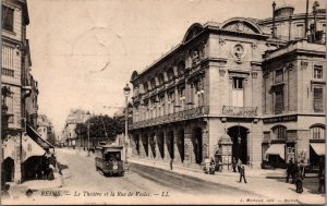 France Reims Le Theatre et la Rue de Vesles Vintage Postcard C017