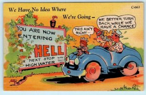 RAY WALTERS Motoring Comic Entering HELL Next Stop HIGH WATER 1940s  Postcard