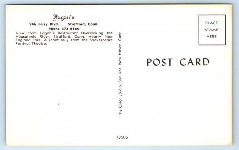 STRATFORD, Connecticut CT~ Roadside FAGAN'S RESTAURANT Housatonic River Postcard