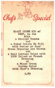 Menu  Chef's Special Prime Rib Dinner $3.75