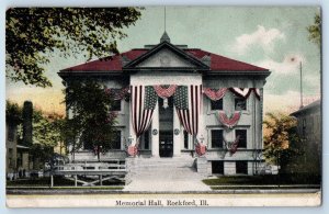 Rockford Illinois Postcard Memorial Hall Front View Building 1909 Vintage Posted