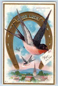 Cashmere Washington WA Postcard New Year Good Luck Birds Barn Swallow Embossed