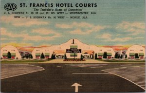 Linen Postcard St. Francis Hotel Courts in Montgomery and Mobile, Alabama