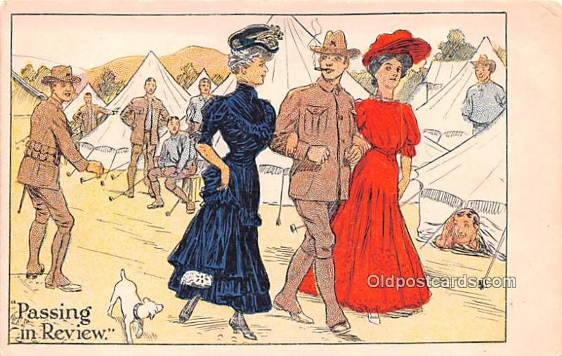 Military Comic Postcard, Old Vintage Antique Post Card Passing in Review Unused