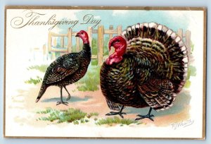 RJ Wealthy Signed Artist Postcard Thanksgiving Turkey Embossed Tuck c1910's