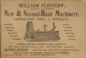 Boston MA Williamm Flintoff Machinery Tools Engines Illustrated Adv Card