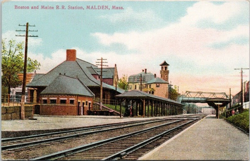 Malden MA Massachusetts Boston & Maine Railroad Station Depot Unused Postcard H5 