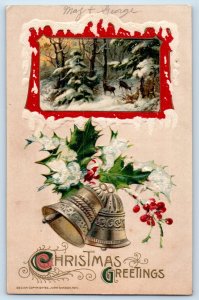 Christmas Greetings Bells And Berries Deer Winter Scene John Winsch Postcard