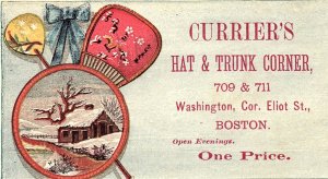 c1880 CURRIER'S HAT & TRUNK CORNER BOSTON MA VICTORIAN TRADE CARD Z1116