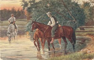 Horses and riders in a river Nice old vintage German postcard