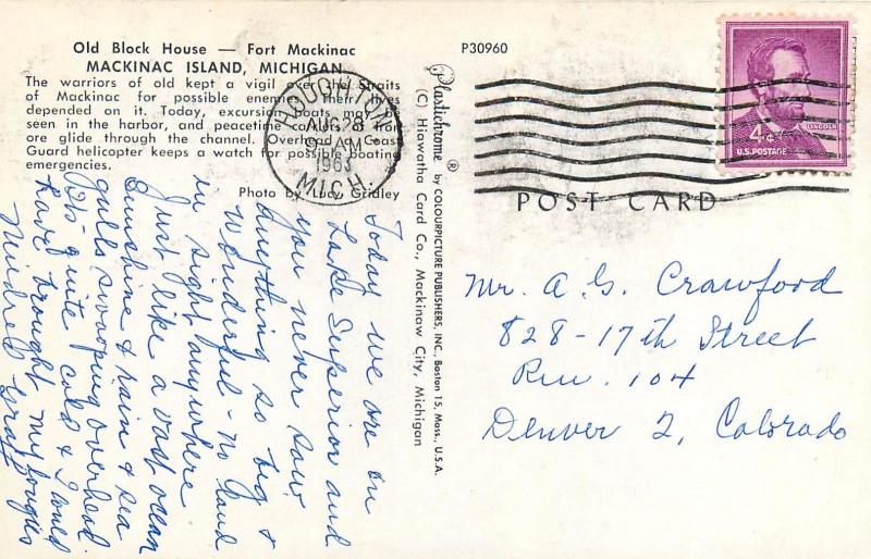 Old Block House Fort Mackinac Island Michigan MI Lake Superior Postcard pm 1963