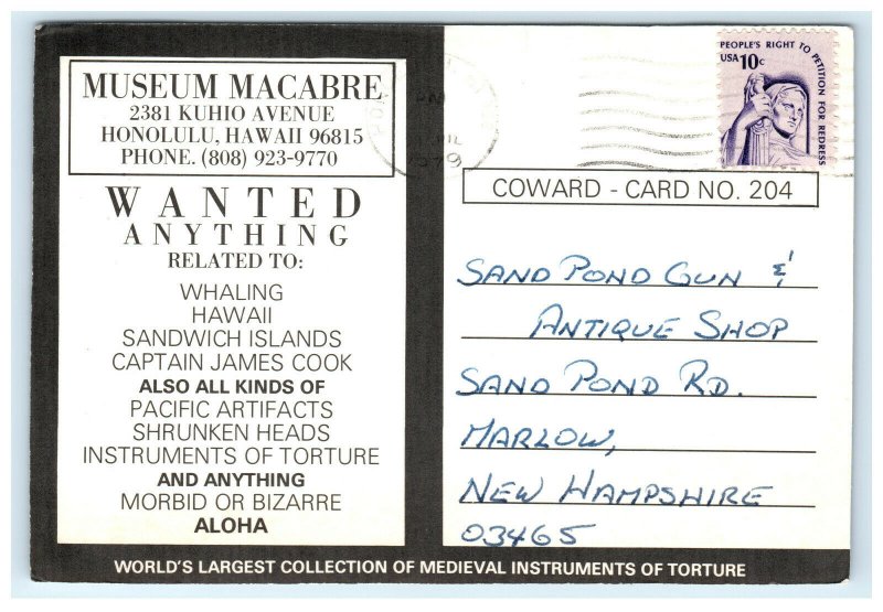 1979 Museum MaCabre Honolulu HI Postcard Shrunken Head Arne Coward Advertising