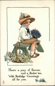 Tuck Birthday Children Little Boy with Flowers c1910 Vintage Postcard