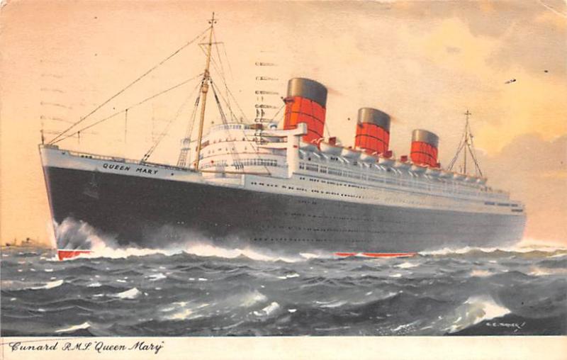 Cunard RMS Queen Mary Ship 1955 light postal marking on front