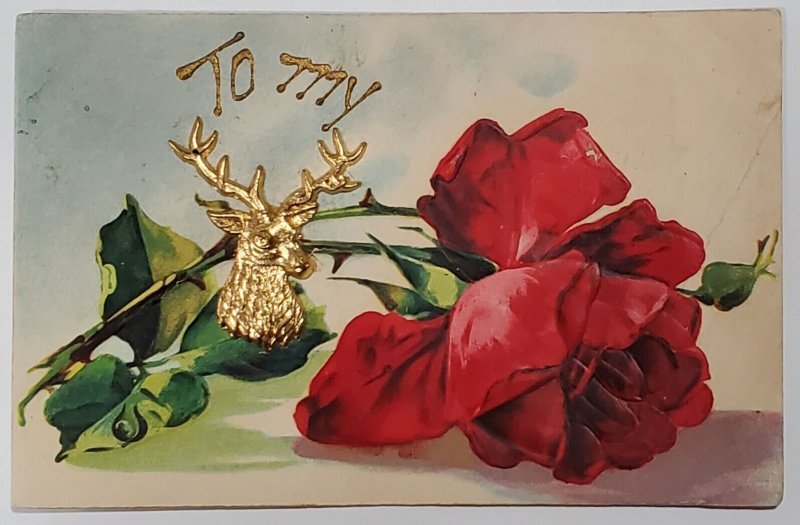 Beautiful Roses Elk Applique Gilded Greetings Peoria Illinois Postcard F25