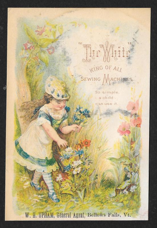VICTORIAN TRADE CARD White Sewing Co Fancy Dressed Girl Picking Flowers