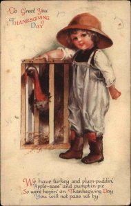 Clapsaddle ?? Adorable Child with Caged Turkey Thanksgiving c1910 Postcard