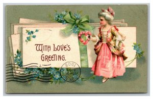 Vintage 1908 Love's Greeting Postcard Girl in Nice Pink Dress Green Bow
