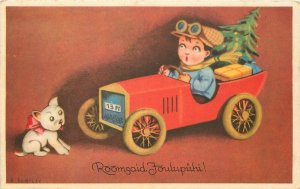 Postcard 1950s Christmas Tree auto dog boy comic humor 22-12452