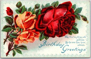1910's Birthday Greetings Rose Flowers Bouquet Calligraphy Border Large Postcard