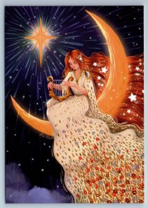 GIRL with Long Hair play Harp on MOON Fantasy Enchantress New Unposted Postcard