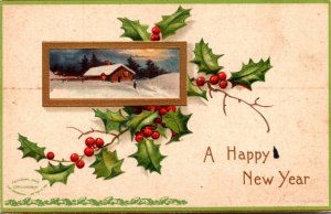 New Year With Holly and Landscape Scene 1909