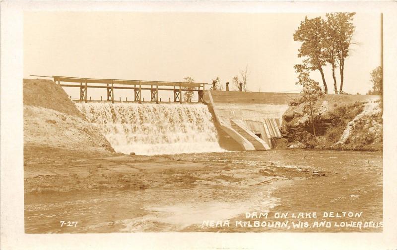 Kilbourn Wisconsin-Lower Dells~Dam on Lake Delton~Bridge Across~1920s RPPC