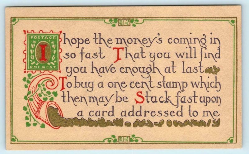 Arts & Crafts ~ I HOPE THE MONEY'S COMING IN 1912 Everett   Postcard