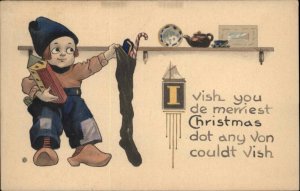 Christmas Dutch Boy Stocking Candy Cane c1900s-20s Postcard