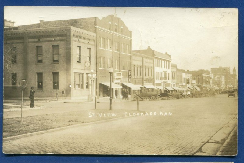 EL Dorado Kansas ks street view people autos 1920s real photo postcard RPPC