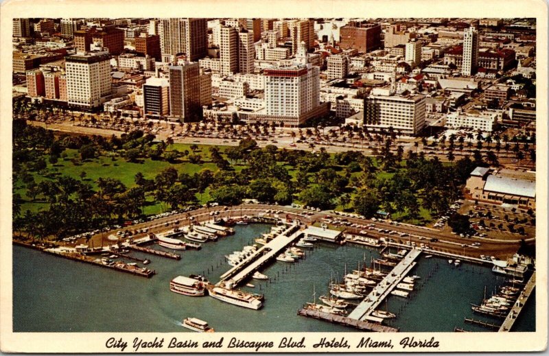 Miami Florida City Yacht Basin & Biscayne Blvd Aerial View Chrome Postcard 