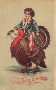 J17/ Uncle Sam Patriotic Postcard c1910 U.S.A. Thanksgiving Turkey 163