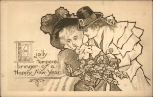 New Year Man with Pilgrim Hat Woman in Fashionable Hat Vintage Postcard