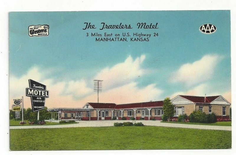 Kansas KS The Travelers Motel Manhattan Best Western AAA Standard View Card 