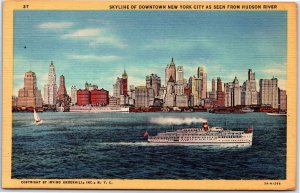 VINTAGE POSTCARD VIEW OF DOWNTOWN MANHATTAN AS SEEEN FROM THE HUDSON RIVER 1946