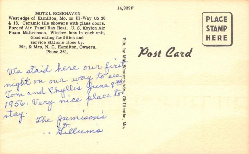 Hamilton MO~Roadside Motel Rosehaven~Inside Out~Bedroom~c1950 Linen Postcard