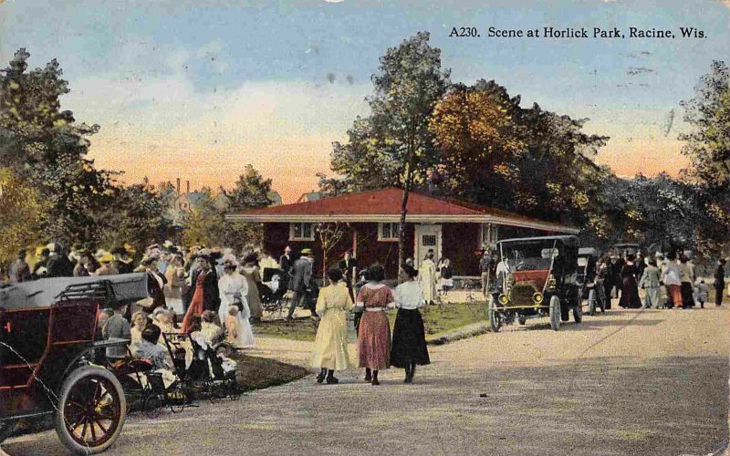 Crowd Cars Horlick Park Racine Wisconsin 1917 postcard