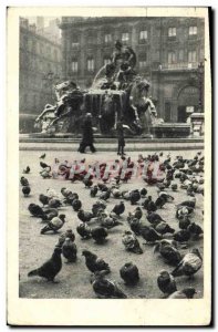 Old Postcard Dove Pigeon Pigeons Lyon Bellecour Square and Bartholdi Fountain