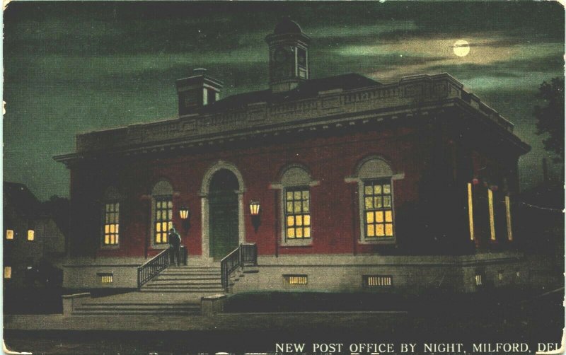 New Post Office by Night Milford Delaware DE UNP 1910s DB Postcard Q13