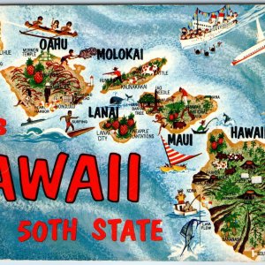 c1970s HI, Hawaii 50th State Map Art Illustration Cartograph Islands Chrome A320