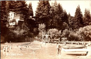 RPPC Beach Scene at Rio Nido CA Canoes Swimming Diving Vintage Postcard K79